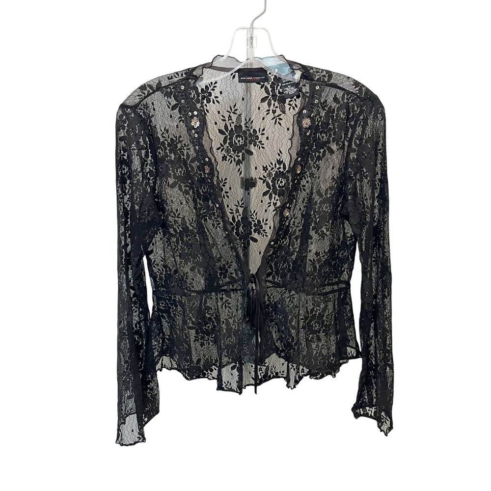 New York & Co Brownβ Floral Lace Sequin Tie Front Cardigan Y2K Boho Fairy MEDIUM